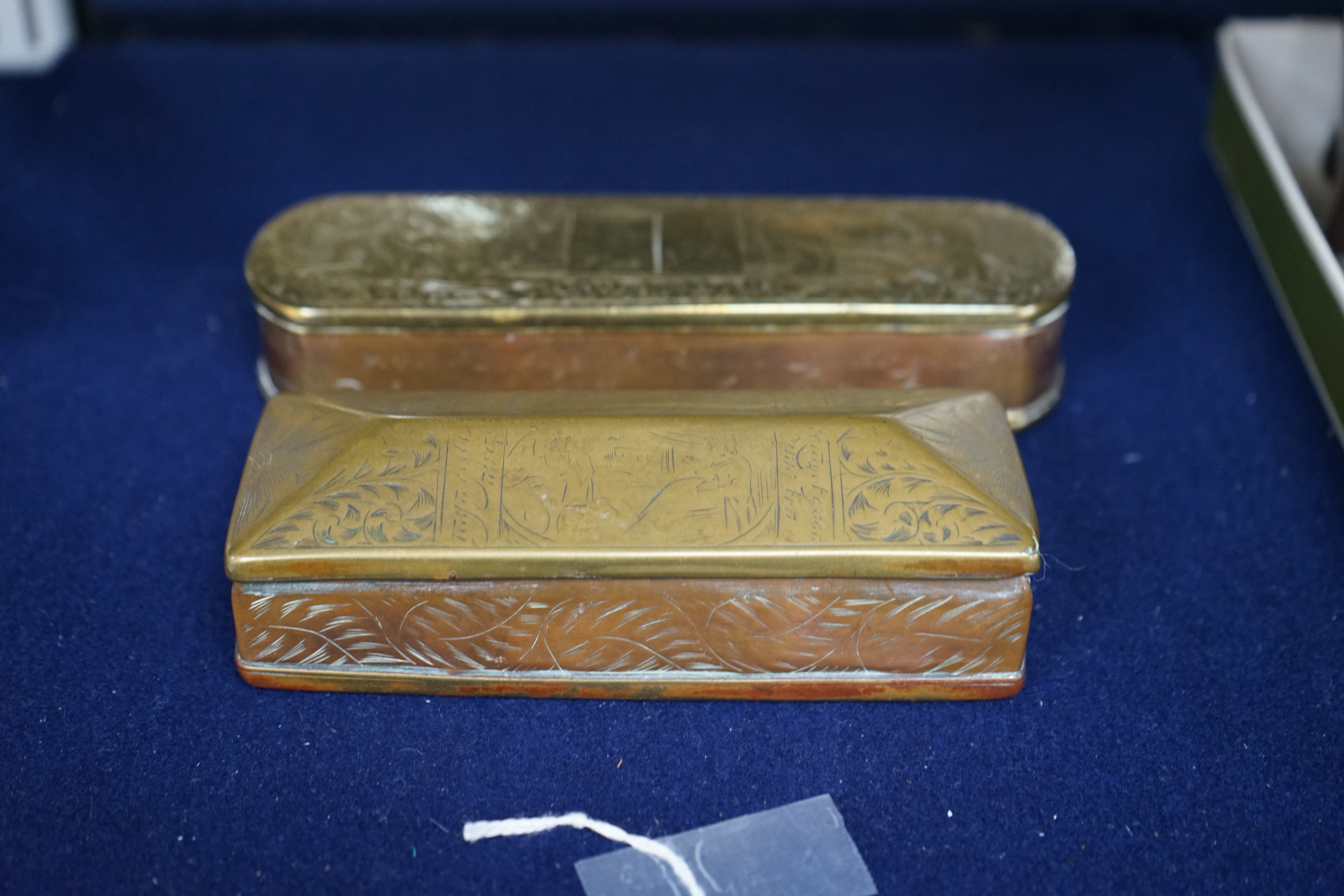 Two 18th century Dutch brass and copper tobacco boxes, longest 15.5cm. Condition - fair